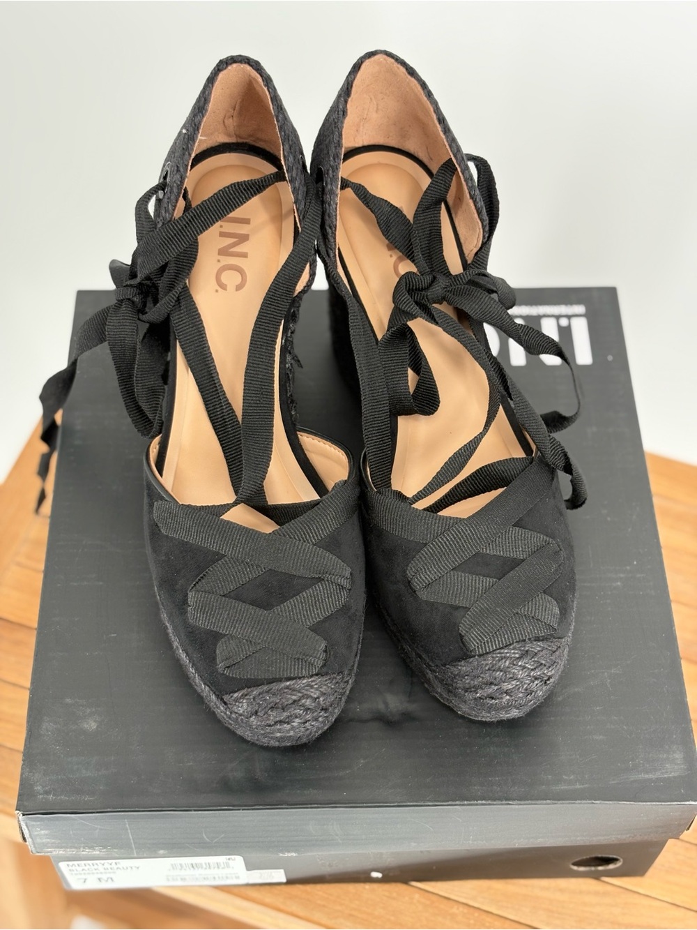 New INC International Concepts Black Lace-Up Espadrille Wedge Heels size 7M